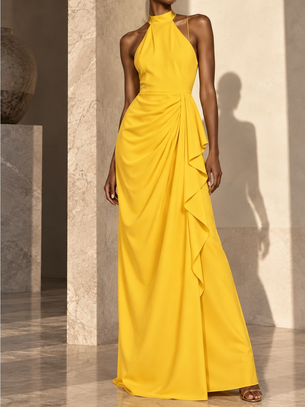 Posh couture Bright Yellow Halter Ruffle Maxi Dress